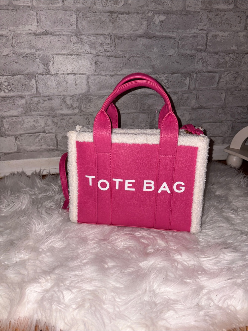 Hot Pink 'TOTE BAG' Women's Tote with Cream Shearling Trim